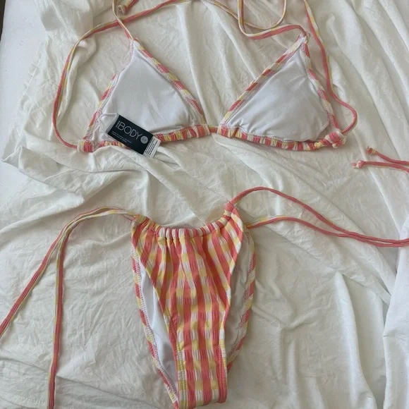 Pink & Yellow Striped Ruffle Triangle Bikini Set - Picture 2 of 2
